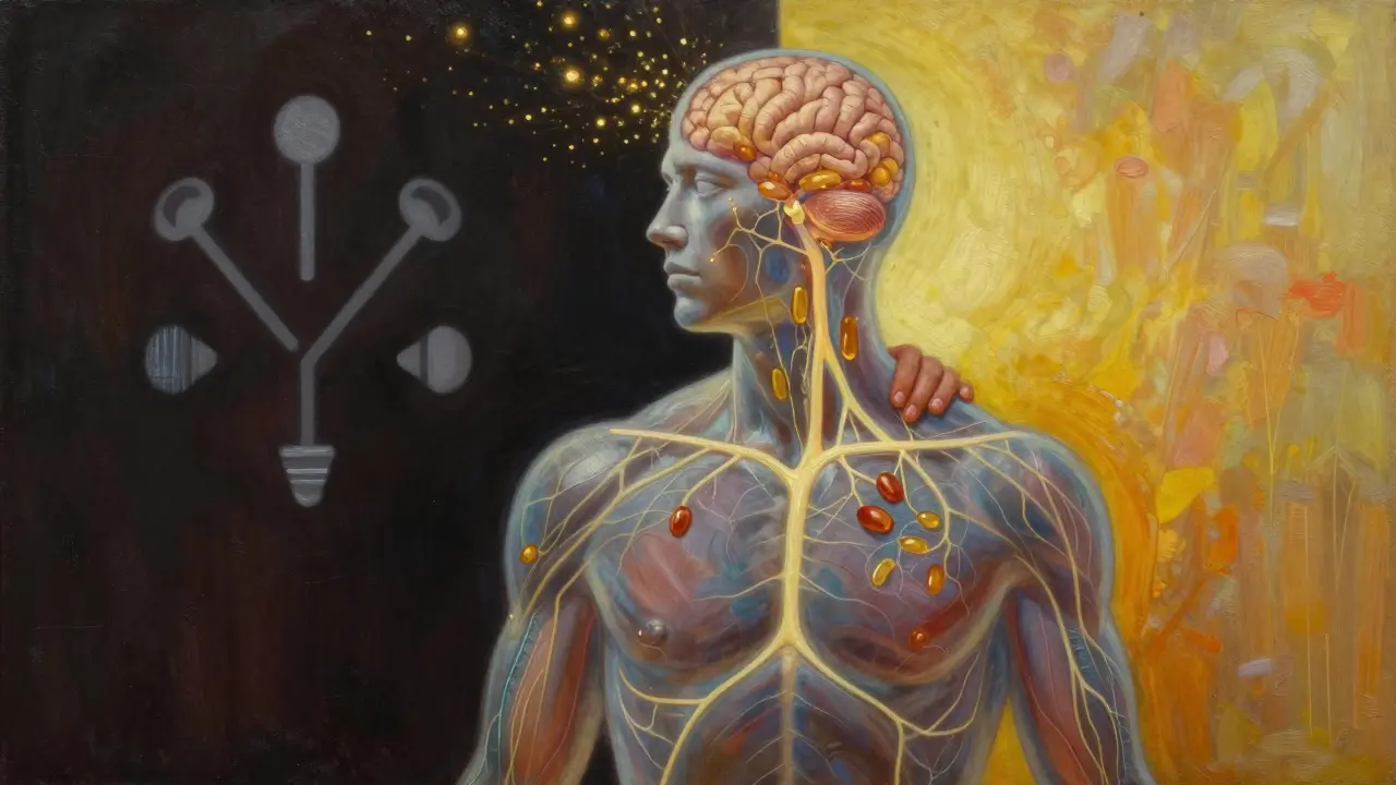 Silhouette humaine avec des voies nerveuses lumineuses révélant la libération d'endorphines et d'ocytocine pendant un massage BDSM.