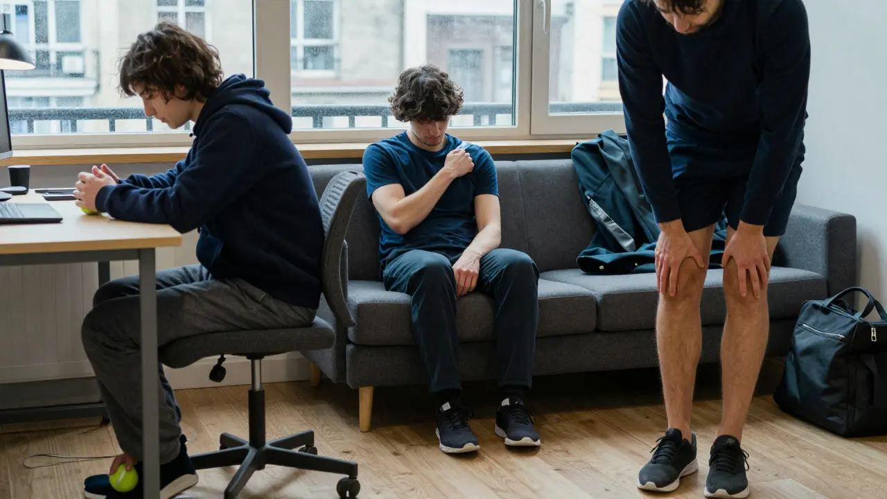 Trois personnes en France pratiquant le massage par compression chez elles : pied, épaule et mollet.