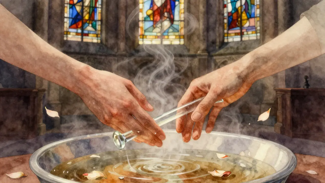 Un bâton de verre entre deux mains, entouré de vapeur et de pétales, dans une église transformée.