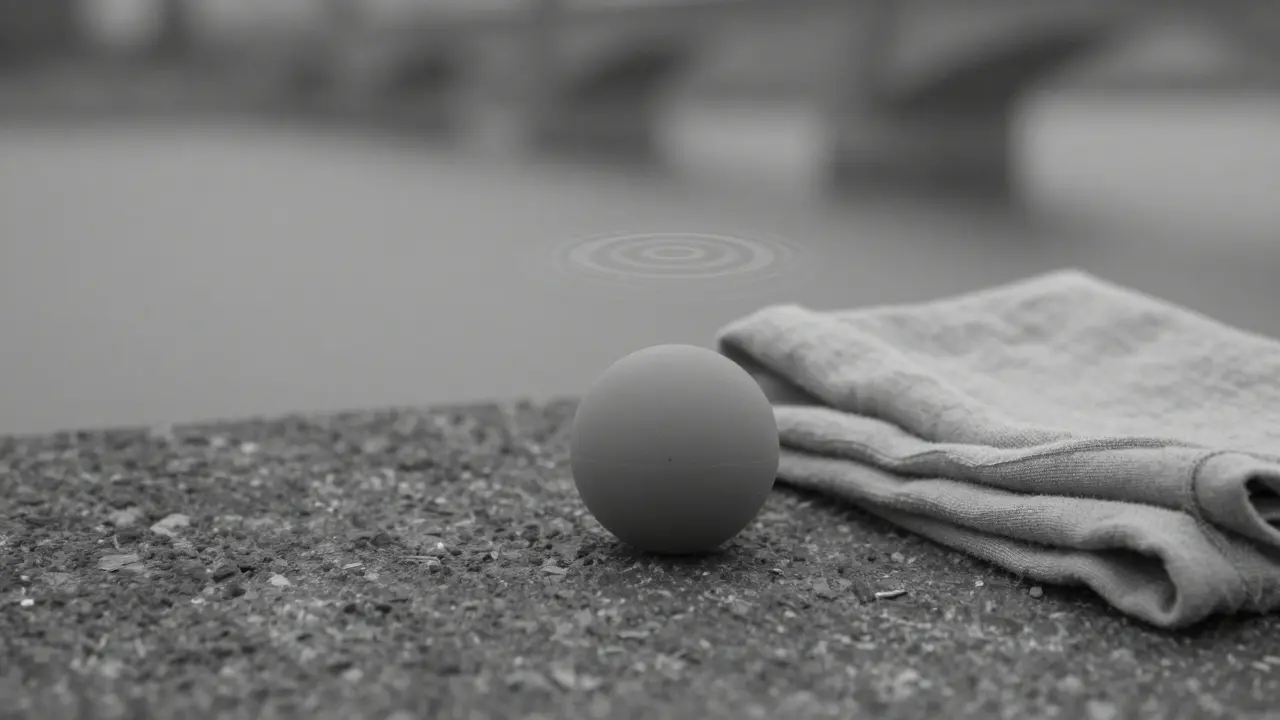 Une boule de silicone repose sur une pierre, avec des ondes de vibration subtiles dans l'air.