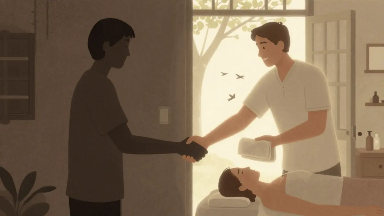 Contraste symbolique entre une transaction illégale dans l'ombre et un massage éthique dans la lumière apaisante.