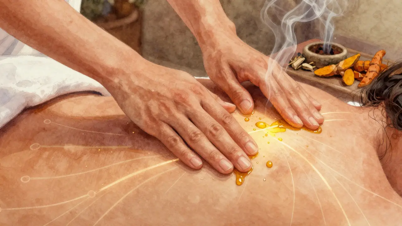 Mains appliquant de l'huile chaude sur le dos, des lignes énergétiques subtilement visibles sous la peau.