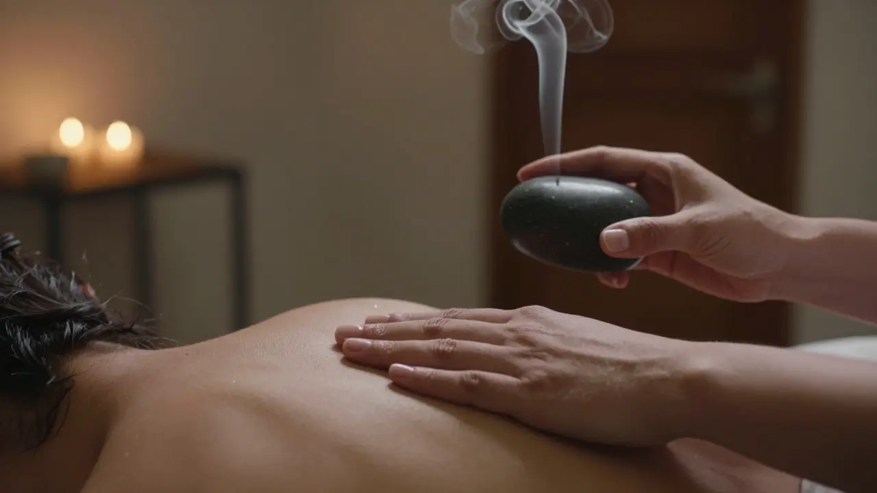 Mains appliquant un massage avec une pierre chaude et des huiles essentielles, dans un cadre apaisant et sans contact intime.