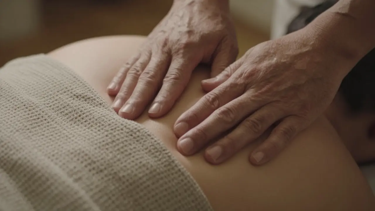 Mains expertes massant les épaules à travers un vêtement, dans une lumière chaude et douce.