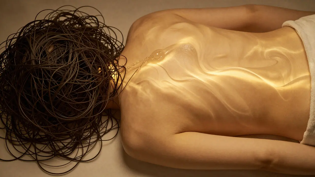 Représentation abstraite du passage du stress à la paix, avec des lignes sombres se transformant en vagues dorées de lumière.