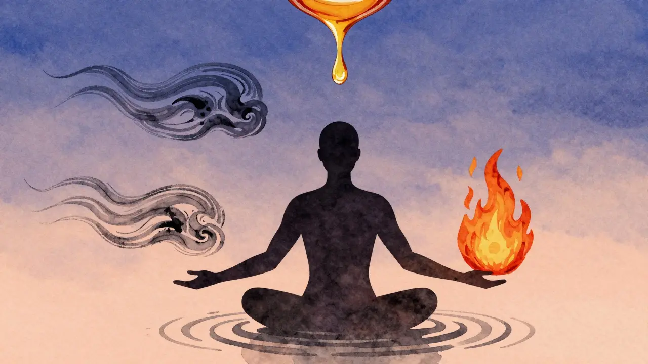 Silhouette humaine en équilibre entre trois éléments symboliques : vent, feu et terre, sous une lueur crépusculaire.