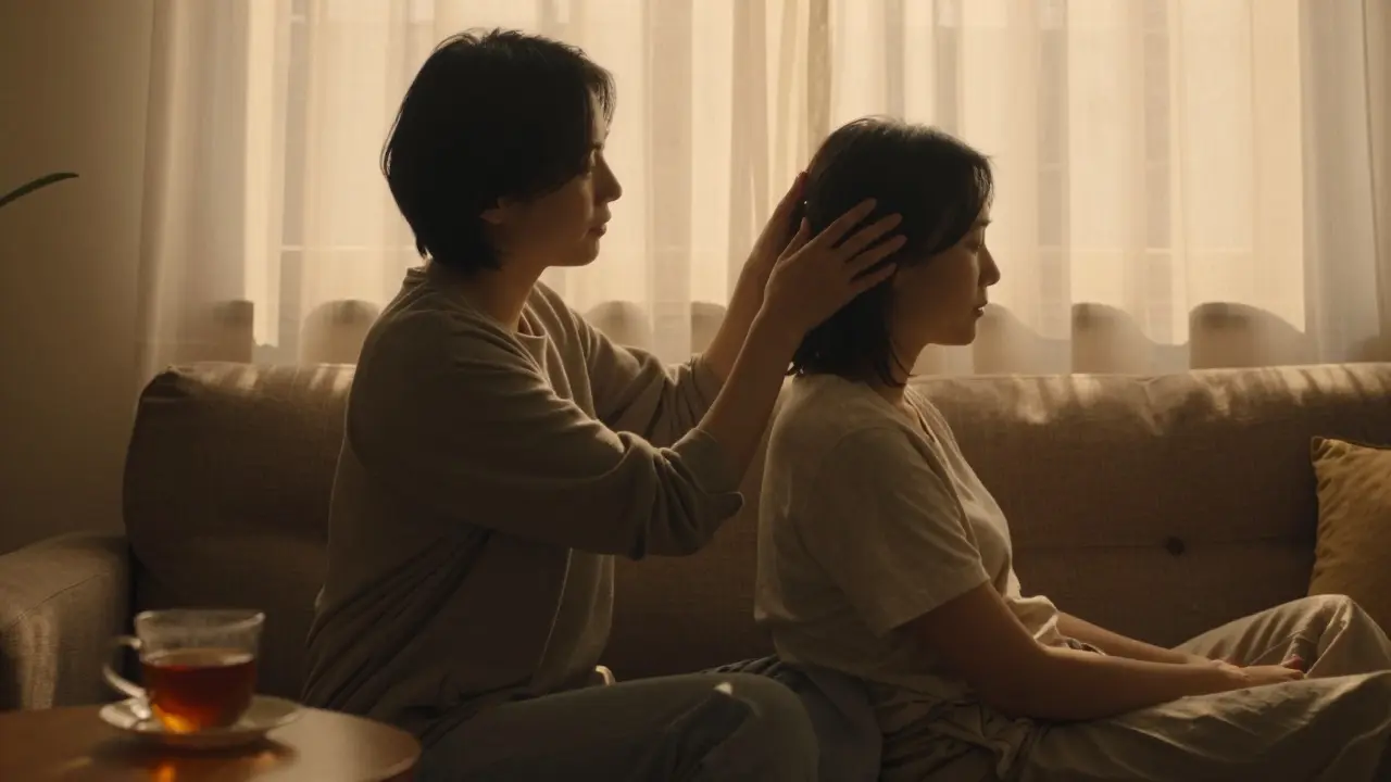 Un couple en train de partager un massage tête-cuir chevelu apaisant sur un canapé au crépuscule.
