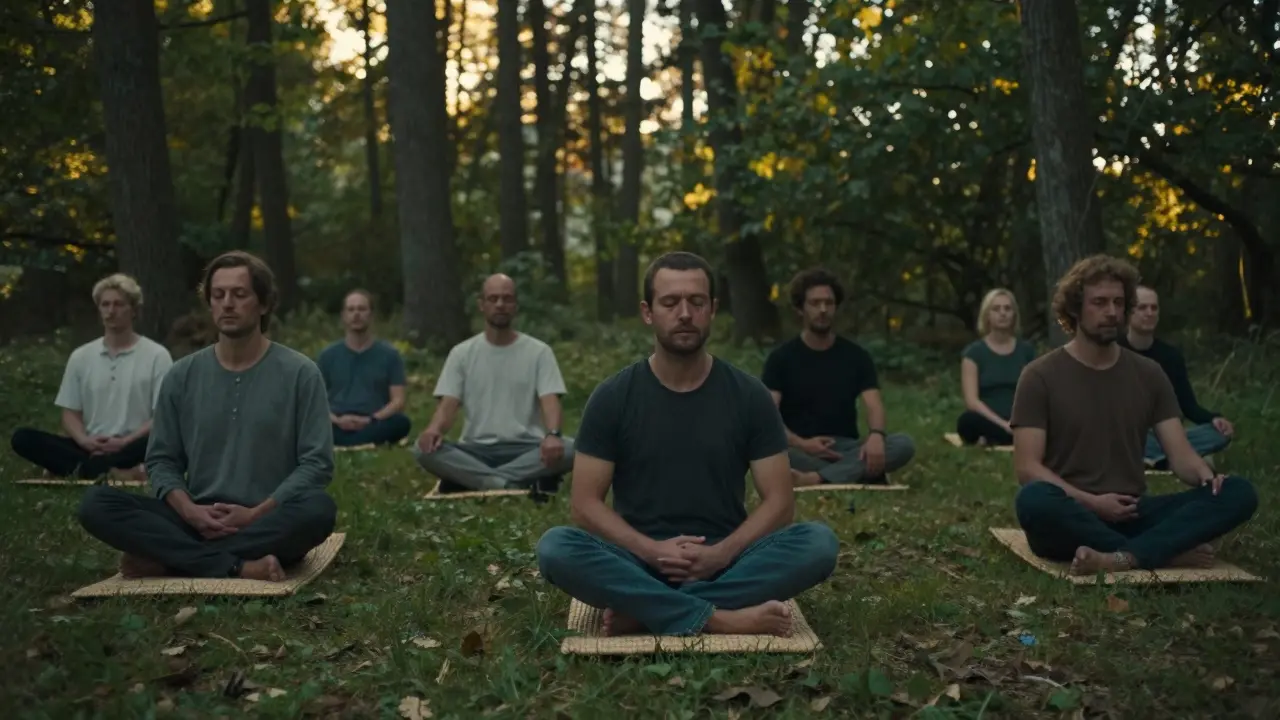 Un groupe d'hommes silencieux dans une clairière de forêt, les mains sur le bas-ventre, au lever du jour, dans une atmosphère de paix partagée.
