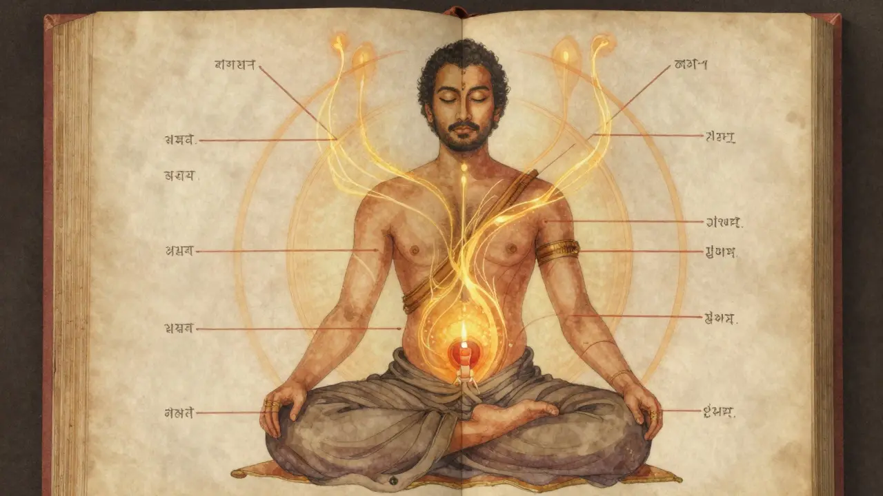 Un homme méditant, entouré de symboles énergétiques tantriques anciens, la main posée sur son bas-ventre, dans un style aquarelle éthéré.