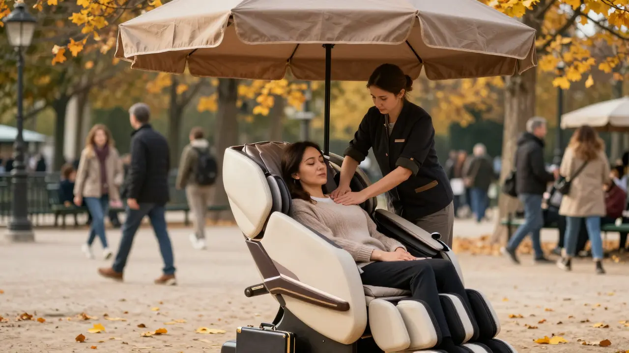 Un massage en chaise dans un parc parisien automnal, une femme détendue sous des feuilles dorées.