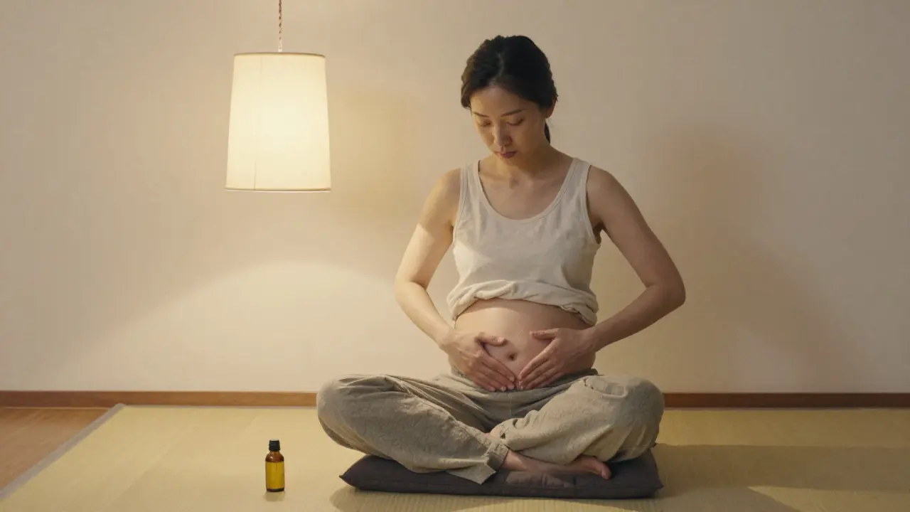 Une personne se masse doucement le ventre seule, dans une pièce calme, avec une huile chaude et une lampe douce.