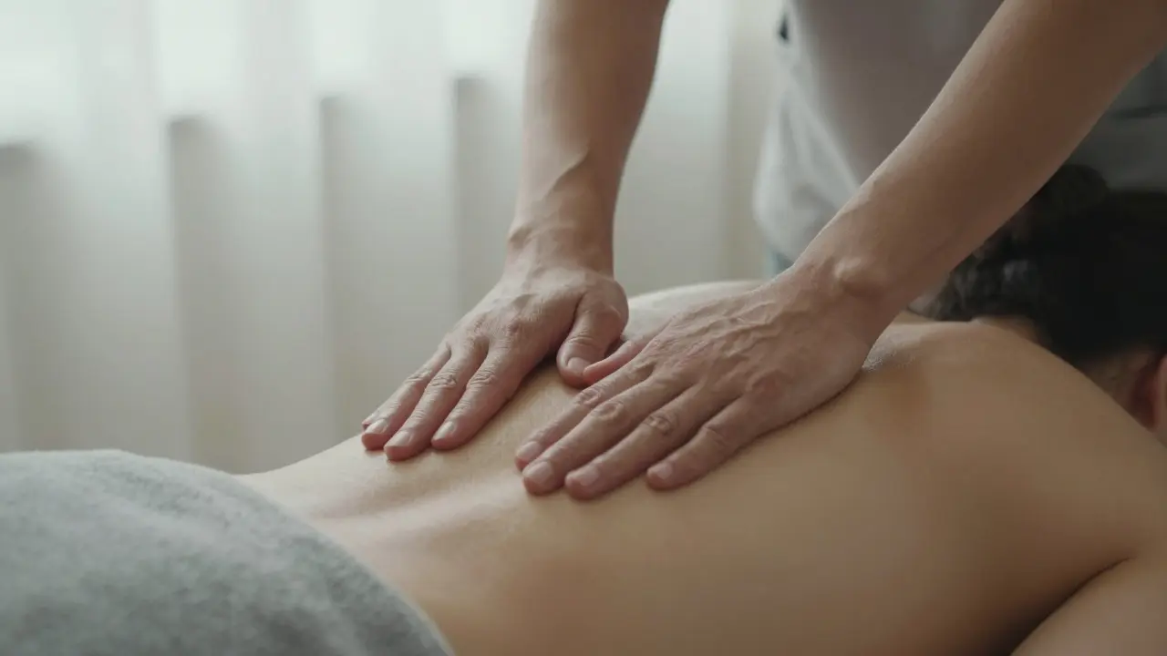 Avant-bras et coudes d'un thérapeute en mouvement fluide sur le bas du dos d'un client sur une table de massage épaisse.