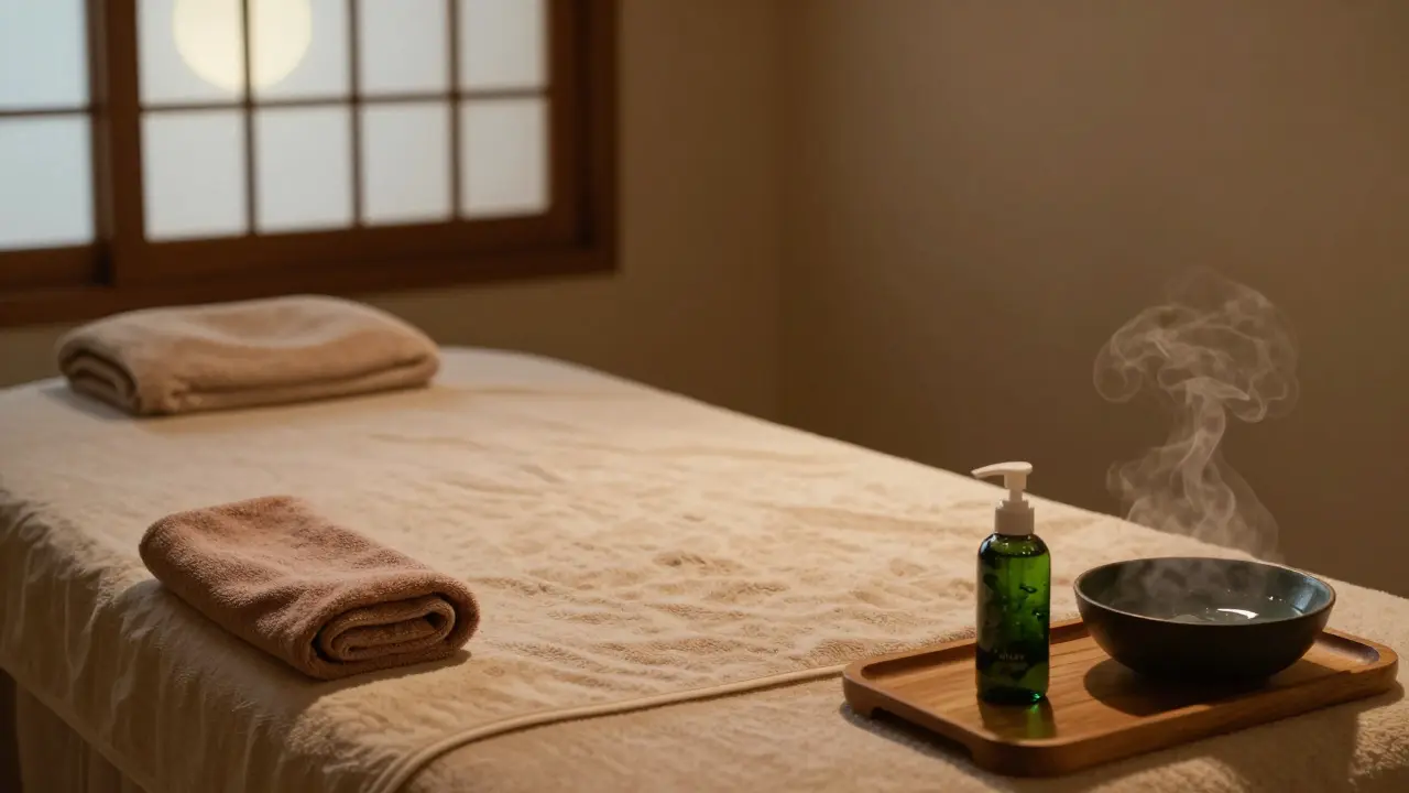 Chambre de massage vide après une séance, avec une serviette pliée et une bouteille de gel nuru sur un plateau en bois.