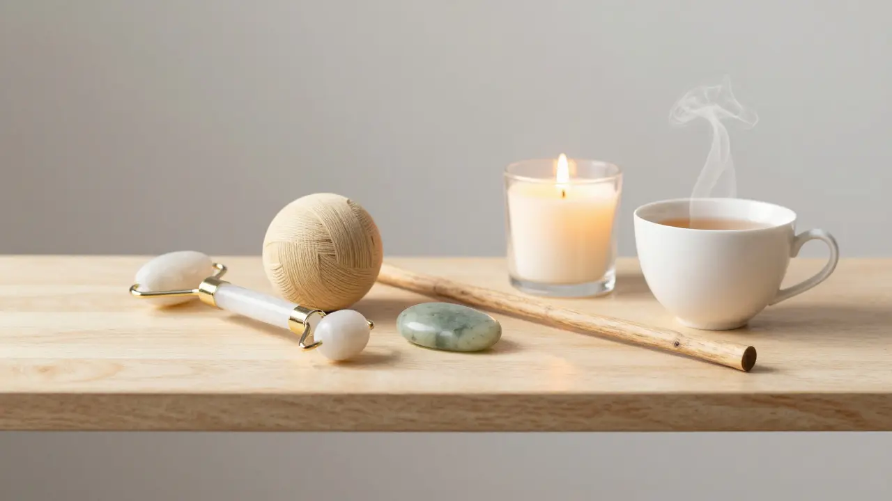 Cinq outils de massage tantrique disposés sur une étagère en bois, avec une bougie allumée et une tasse de thé au matin.