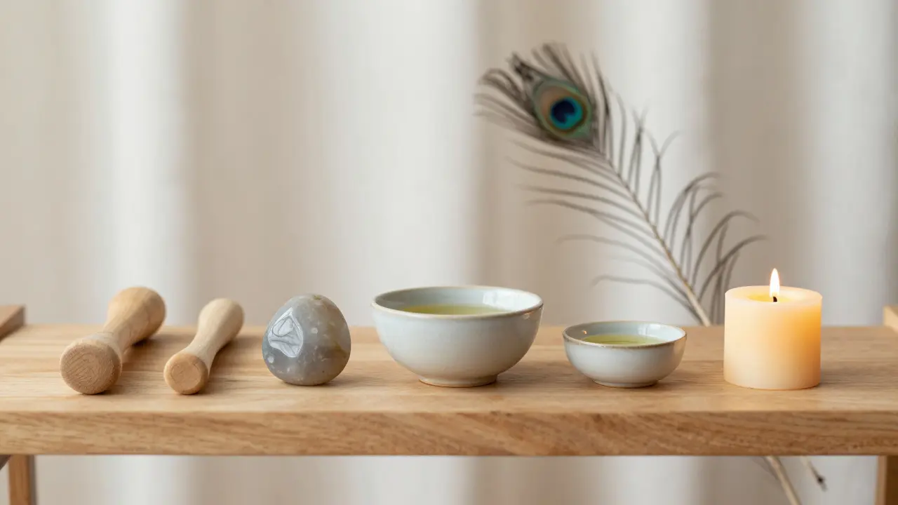 Cinq outils essentiels de massage tantrique disposés sobrement sur du bois naturel, sans décor ni couleur vive.