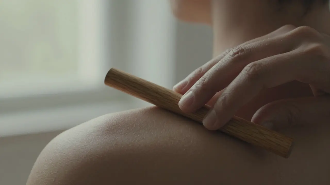 Des mains guidant lentement une baguette en bois de santal sur l'épaule, lumière naturelle et texture de peau en détail.