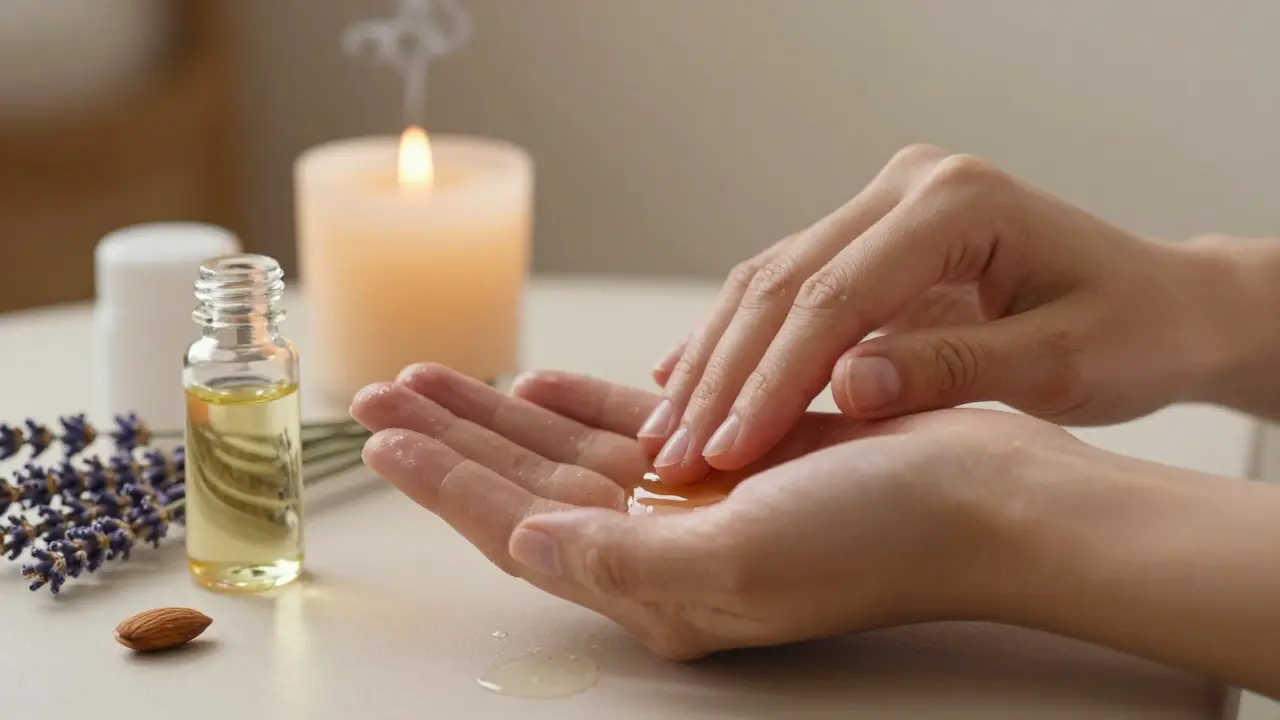 Des mains qui réchauffent de l'huile de massage avec une bougie de cire d'abeille et des lavandes séchées à côté.
