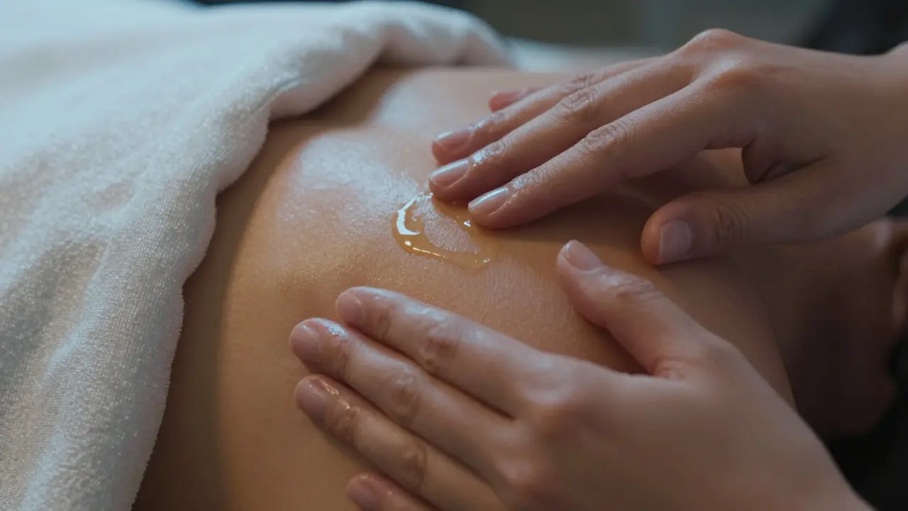 Gros plan de mains appliquant doucement de l'huile chauffante sur la peau, éclairage dramatique et sensuel.