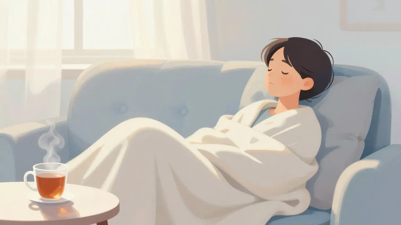 Illustration douce montrant une personne au repos sous une couverture chaude, tasse de thé à côté, ambiance apaisante.
