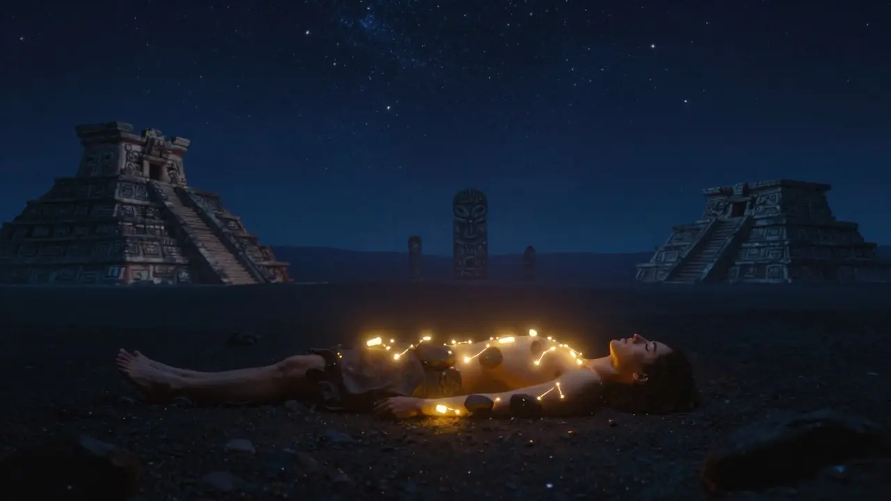Personne allongée sous un ciel étoilé, recouverte de pierres de lave qui émettent une douce lumière chaude, symbole de connexion ancestrale.
