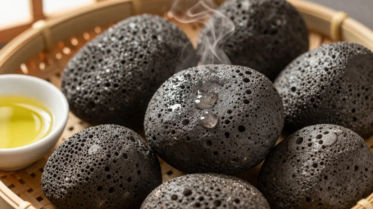 Pierres de lave authentiques, rugueuses et poreuses, posées sur un plateau en bambou avec une huile essentielle.