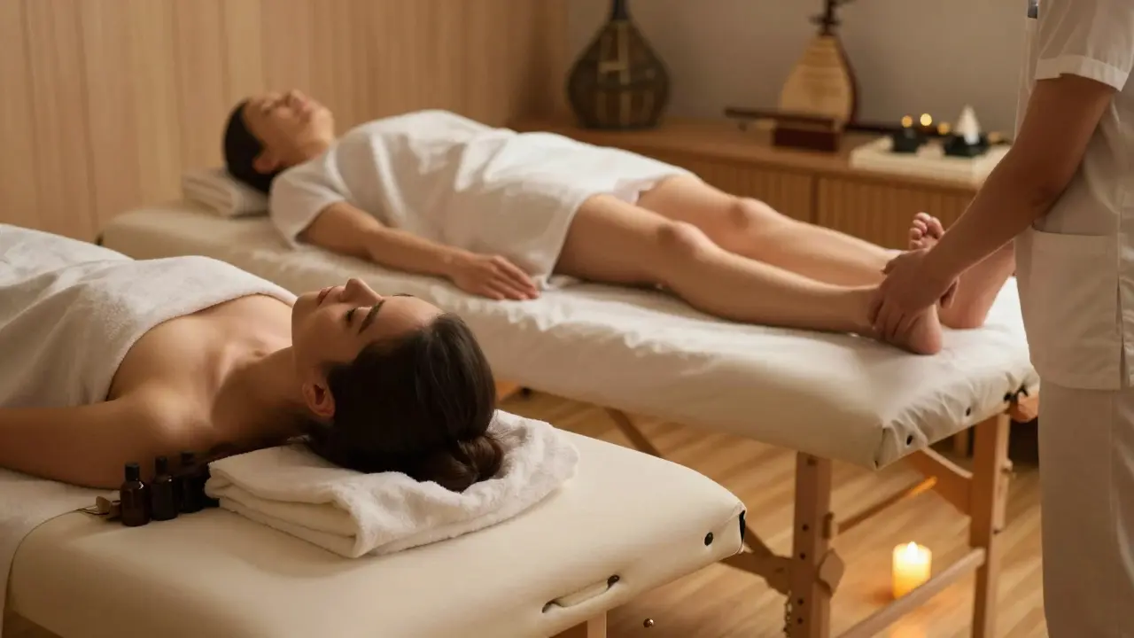 Un couple reçoit simultanément un massage des pieds, dans une ambiance calme et intime, côte à côte.