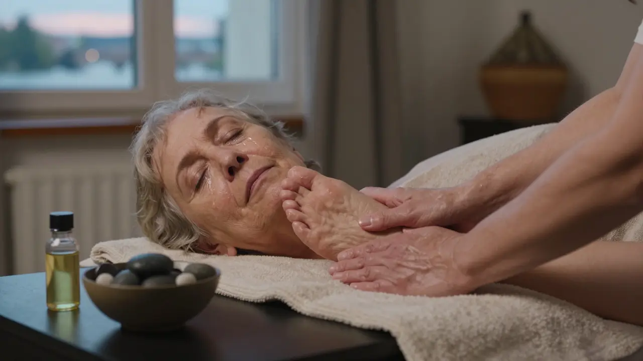 Une femme pleure de soulagement pendant un massage des pieds, entourée de calme et de chaleur naturelle.