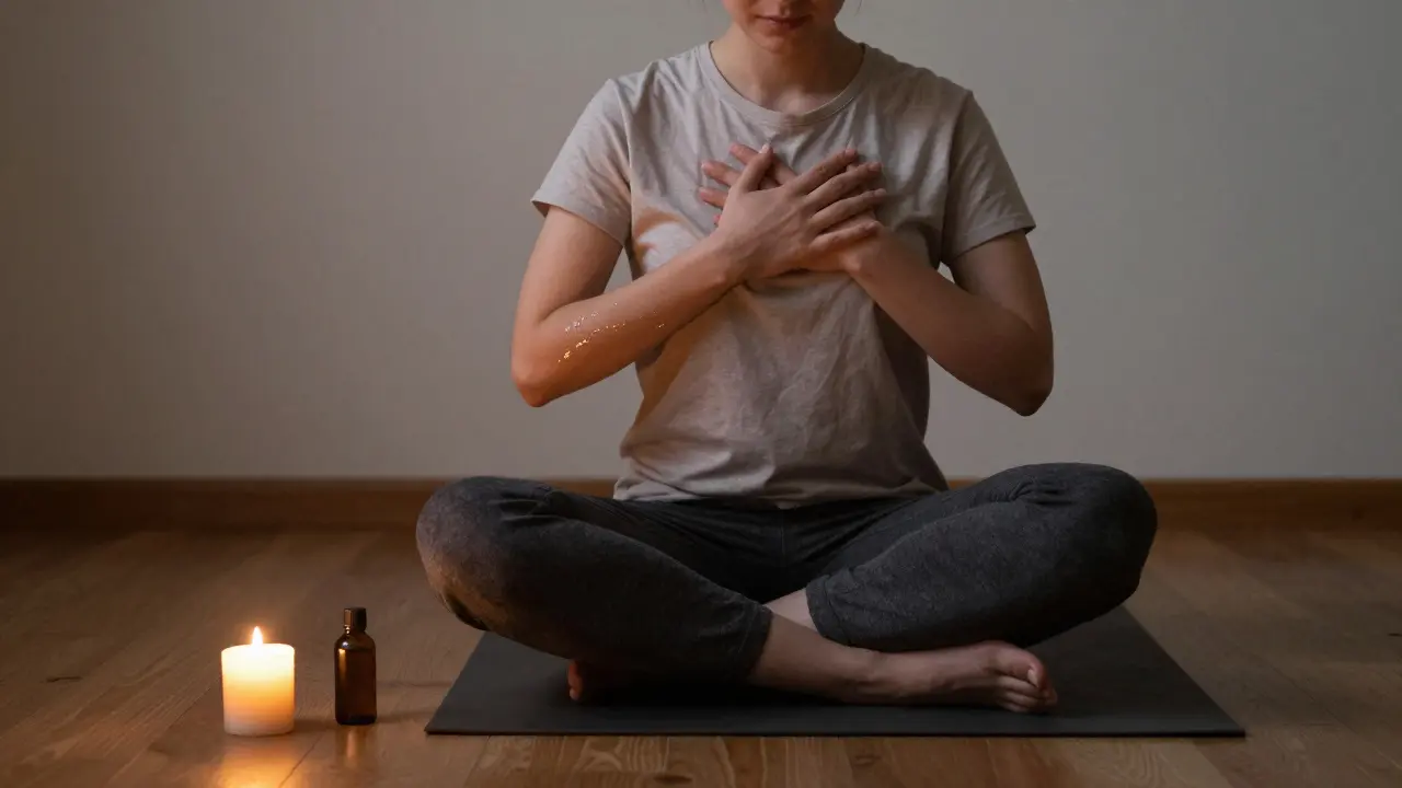 Une personne en méditation, les mains sur le cœur, éclairée uniquement par la lueur douce d'une bougie.
