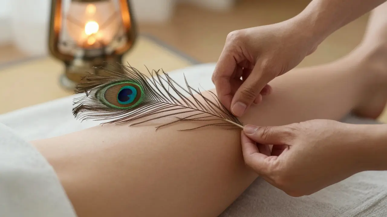 Une plume de paon effleure la peau avec une légèreté presque imperceptible, guidée par des mains apaisées.