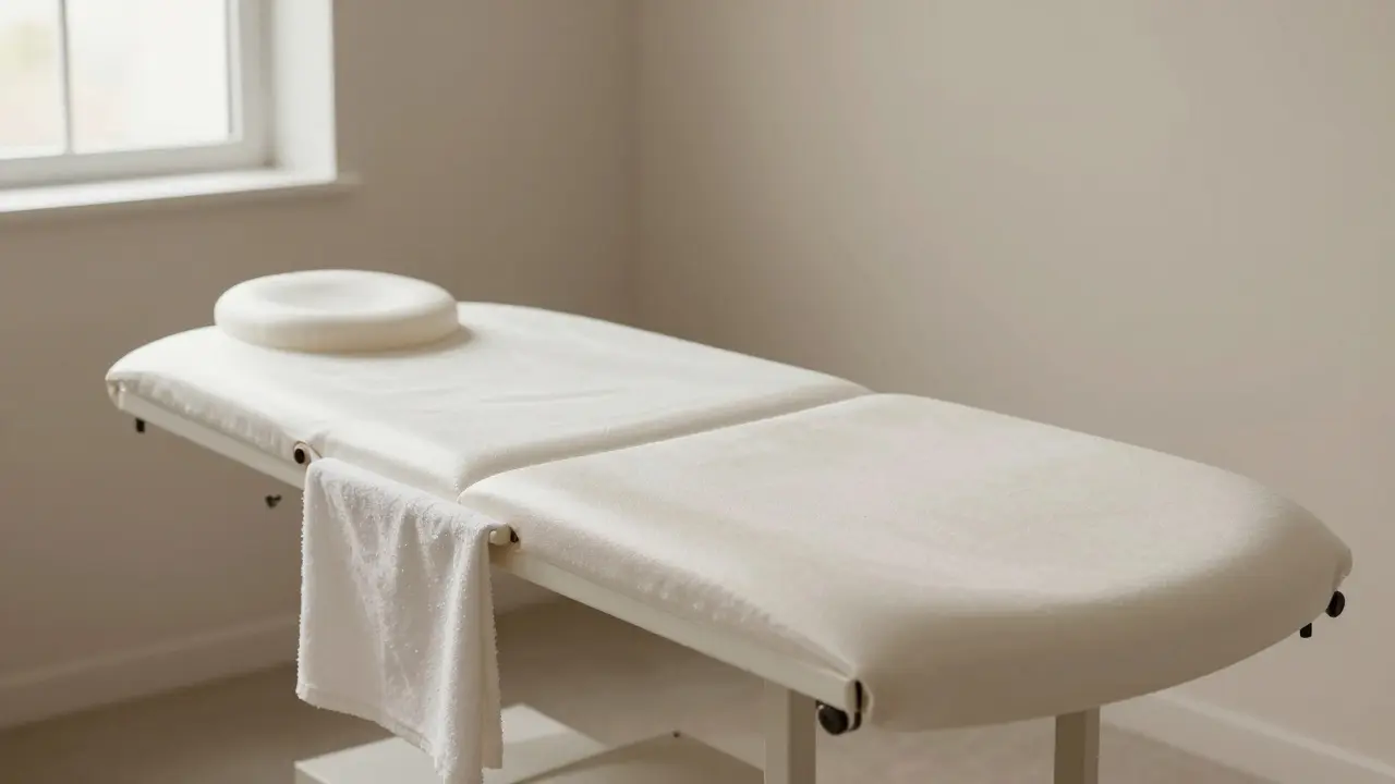 Une table de massage milking vide dans une pièce calme, avec une couverture pliée, lumière douce et ambiance apaisante.
