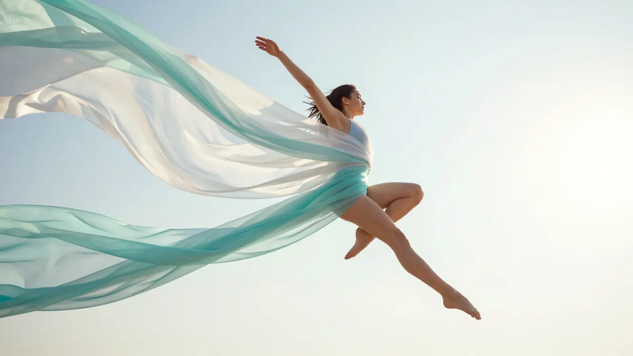 Figure humaine flottante entourée de rubans de soie symbolisant la légèreté et la souplesse.