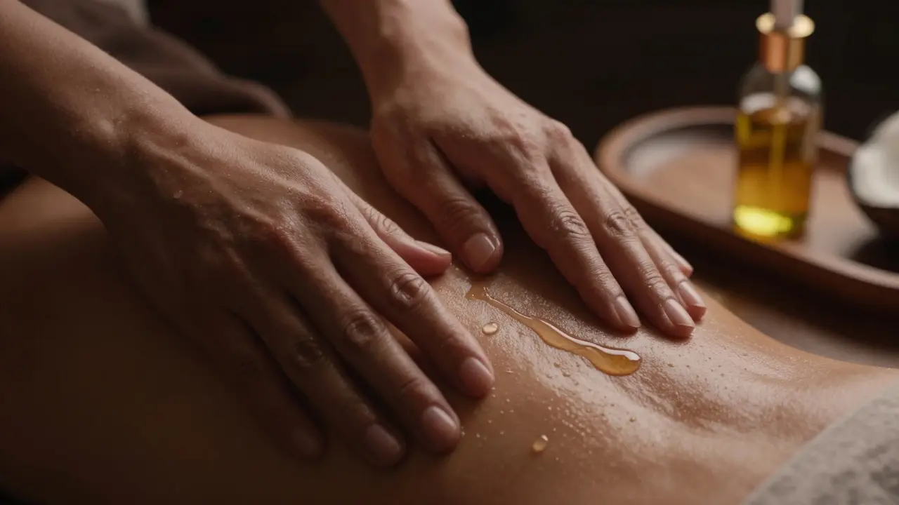 Gros plan artistique de mains massant avec de l'huile et du lubrifiant sur une peau satinée.