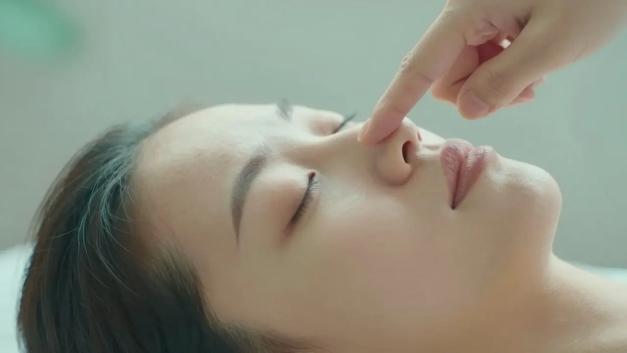 Gros plan d'une personne pratiquant l'auto-shiatsu sur le front pour calmer le stress.