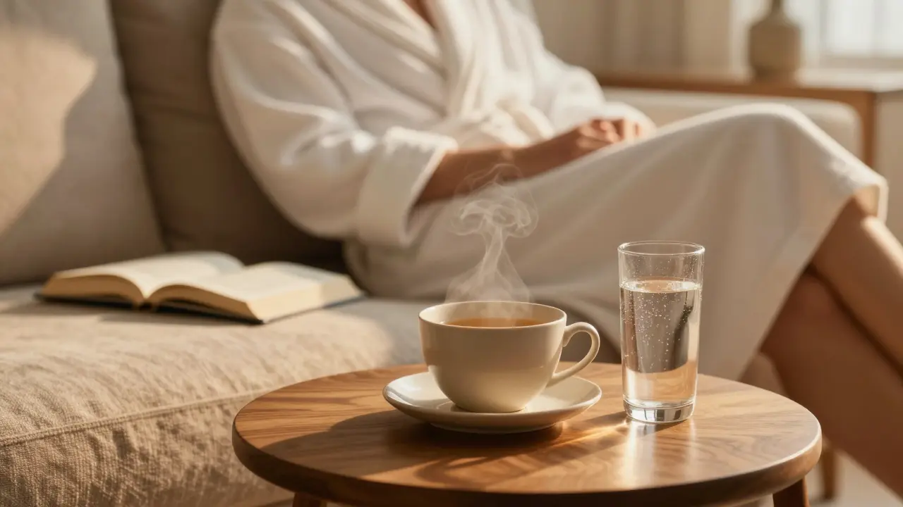 Moment de détente après un massage avec une infusion et une atmosphère cocooning.