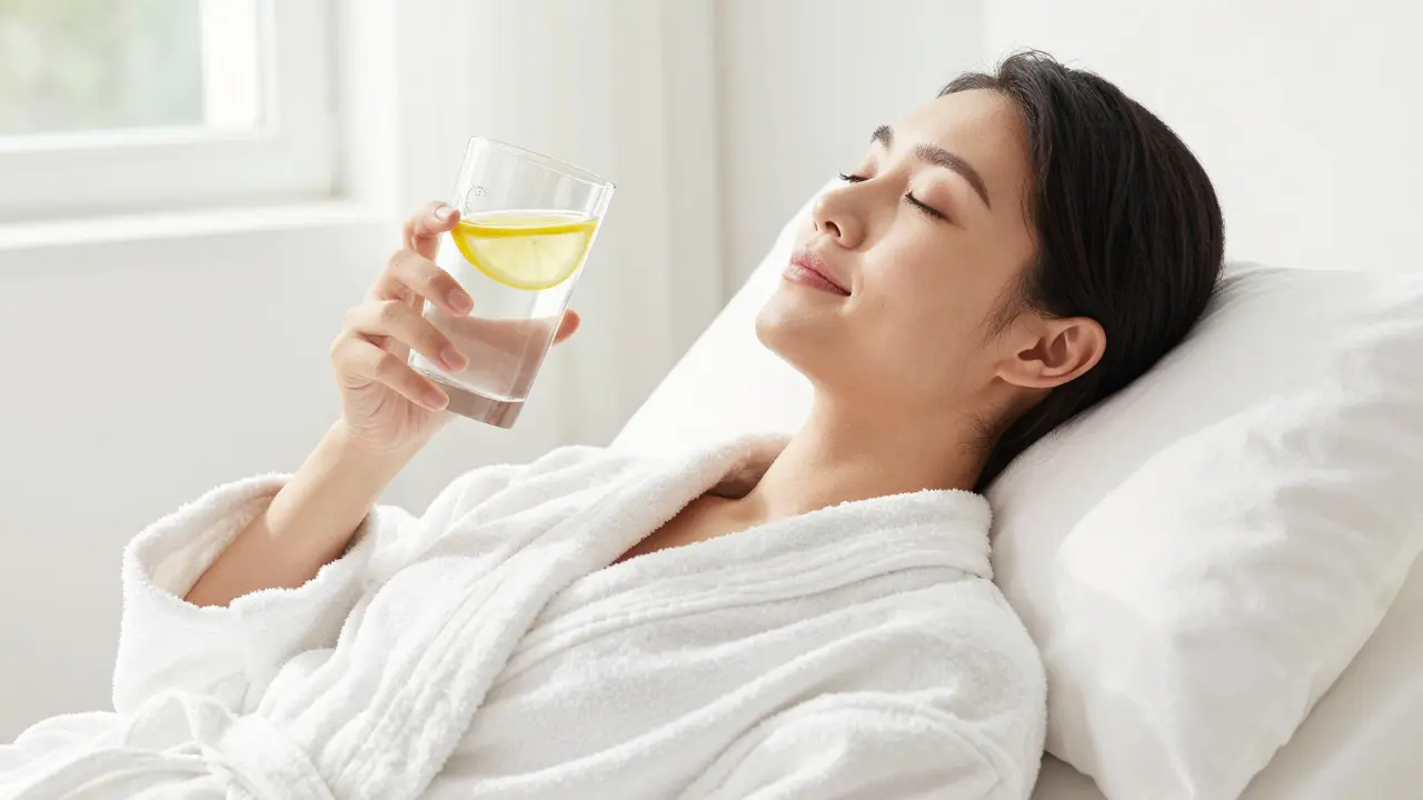 Personne détendue en peignoir buvant un verre d'eau après un massage.