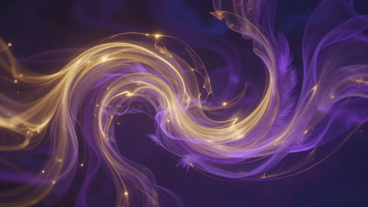 Représentation abstraite de vagues d'énergie dorées et violettes symbolisant le plaisir intense.