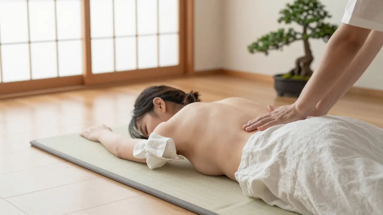 Séance de Shiatsu traditionnelle sur un futon japonais dans une pièce zen minimaliste.