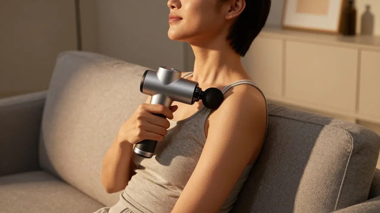 Une personne détendue utilisant un pistolet de massage sur son épaule dans son salon.