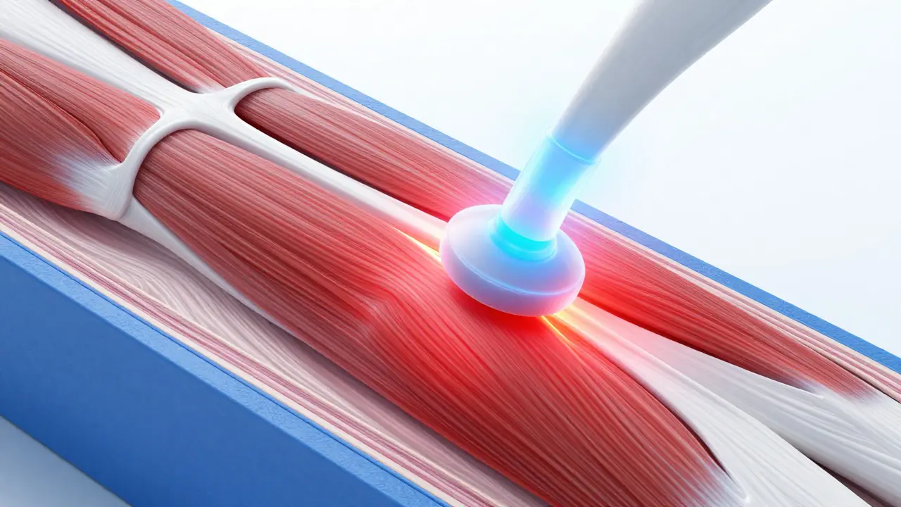 Visualisation 3D des muscles et fascias montrant l'effet de détente d'un massage par percussion.