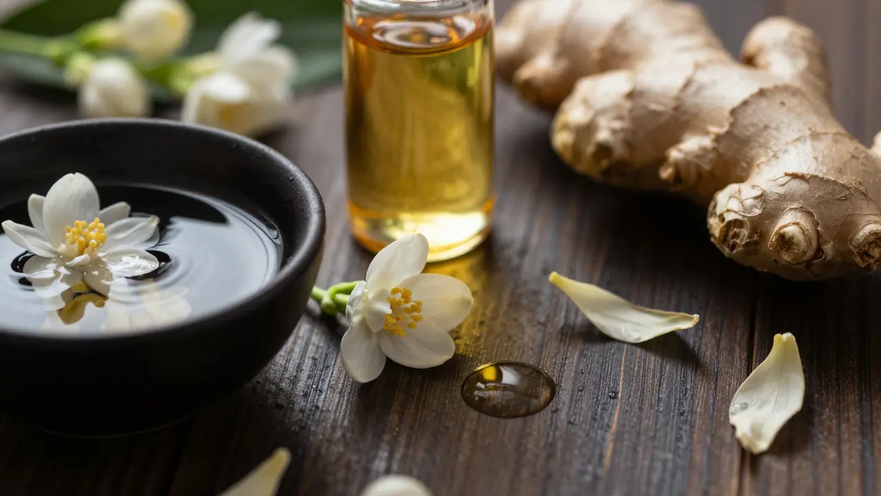 Fleurs de jasmin, gingembre et huile essentielle sur une table en bois sombre.