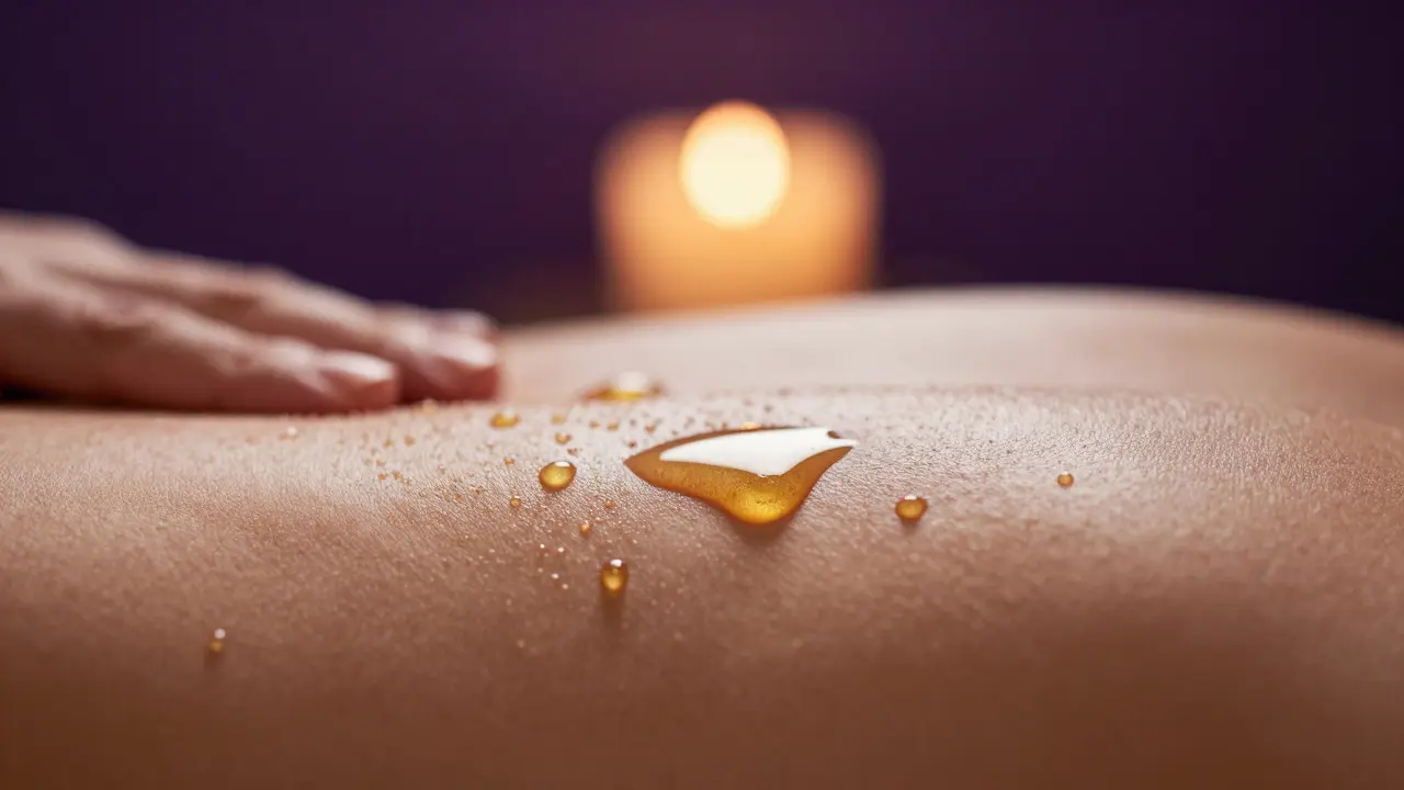 Gouttes d'huile de massage brillant sur la peau dans un éclairage doux