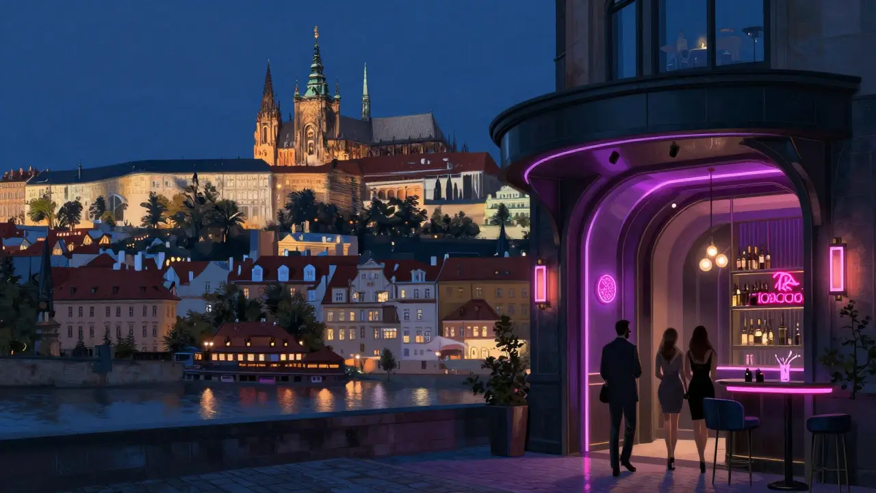 Illustration artistique mêlant les monuments historiques de Prague et son ambiance nocturne moderne