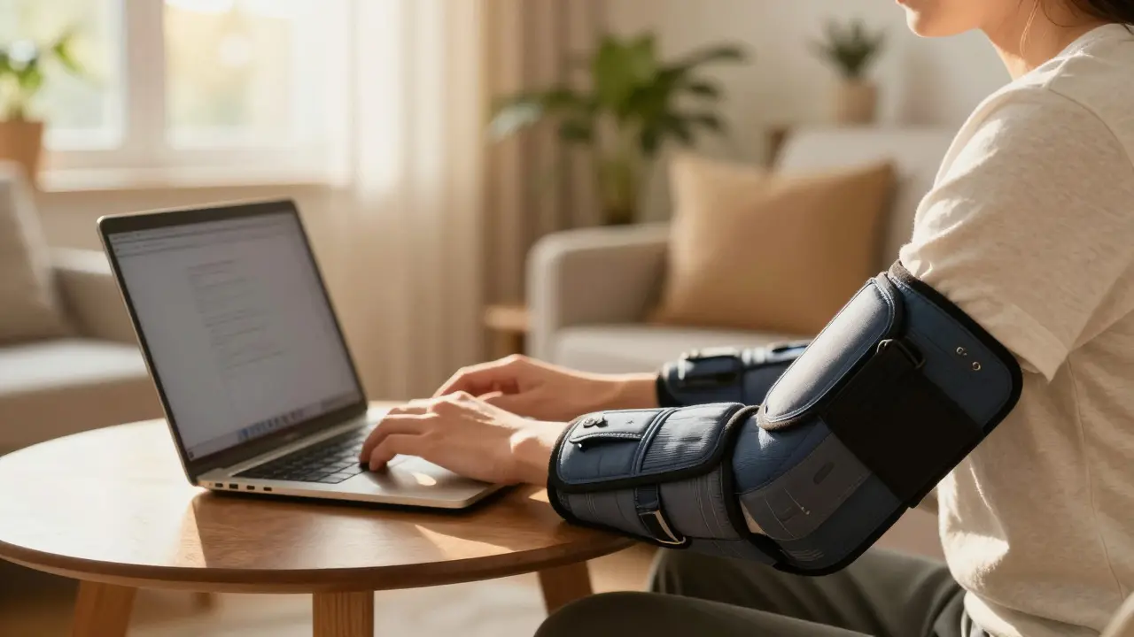 Personne utilisant des manchettes de compression pendant le télétravail