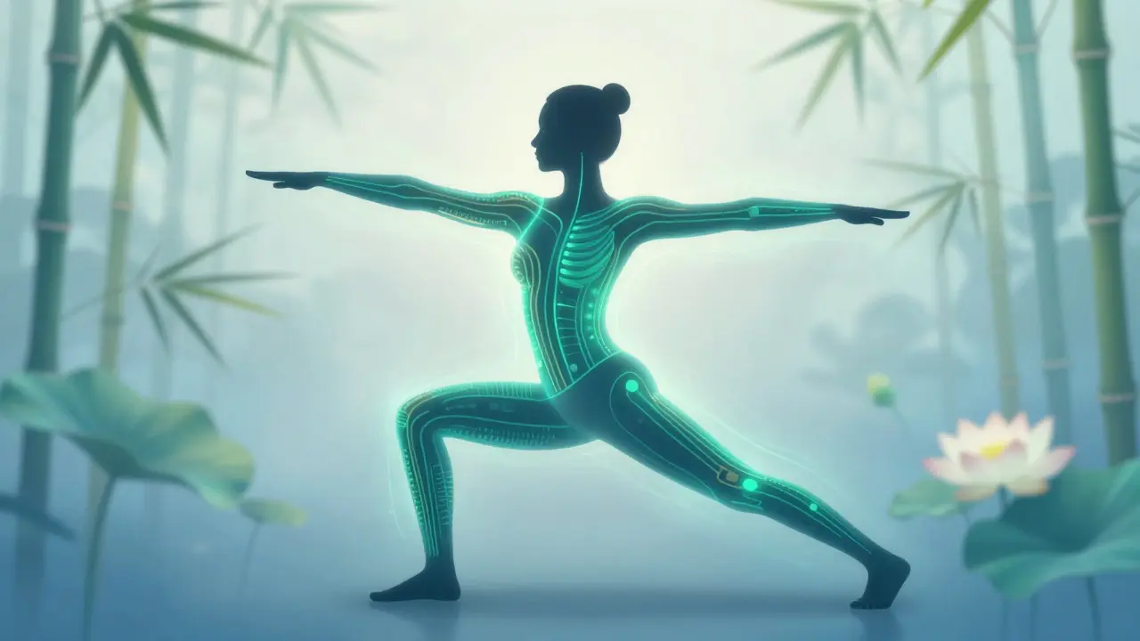 Silhouette en étirement avec lignes d'énergie lumineuses