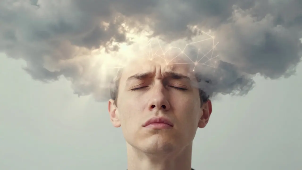 Visage serein émergeant des nuages de stress vers la clarté mentale