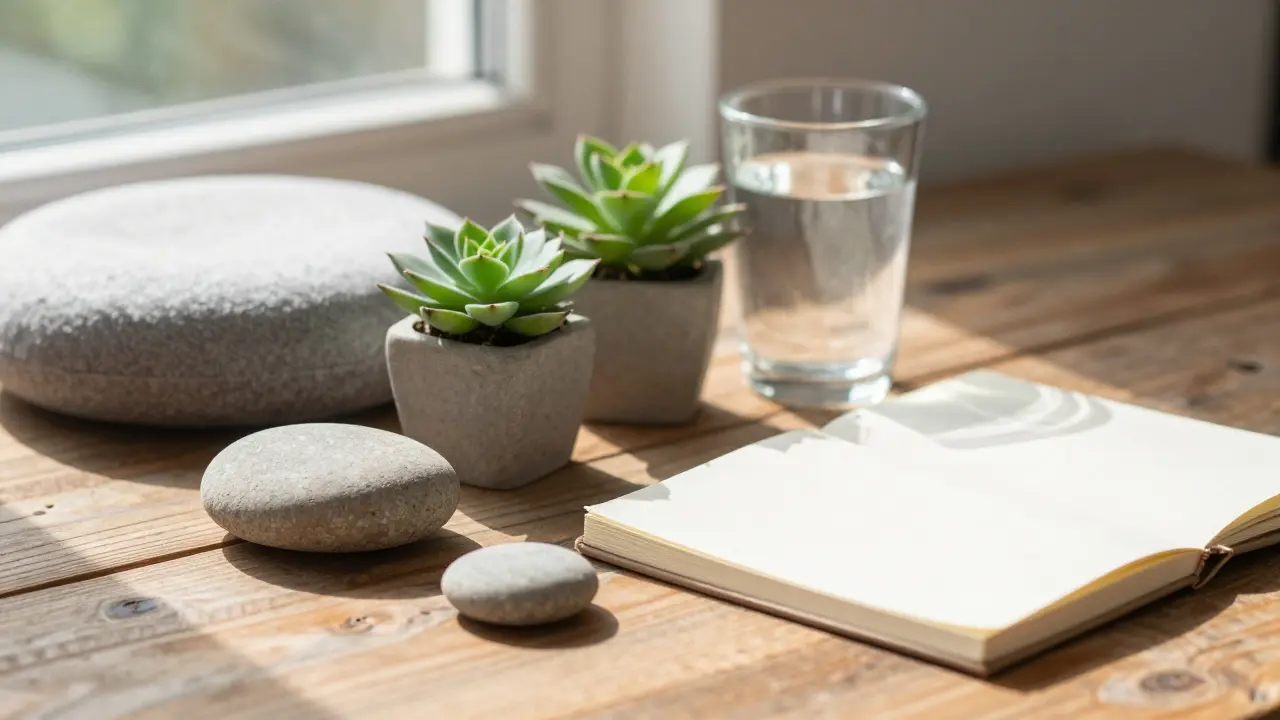 Composition naturelle avec pierre, plante et verre d'eau évoquant le bien-être