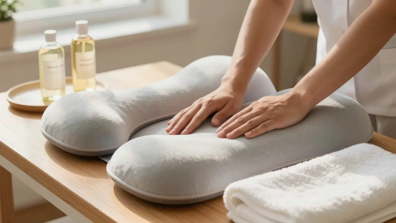 Équipement de massage prénatal professionnel : oreillers et huiles