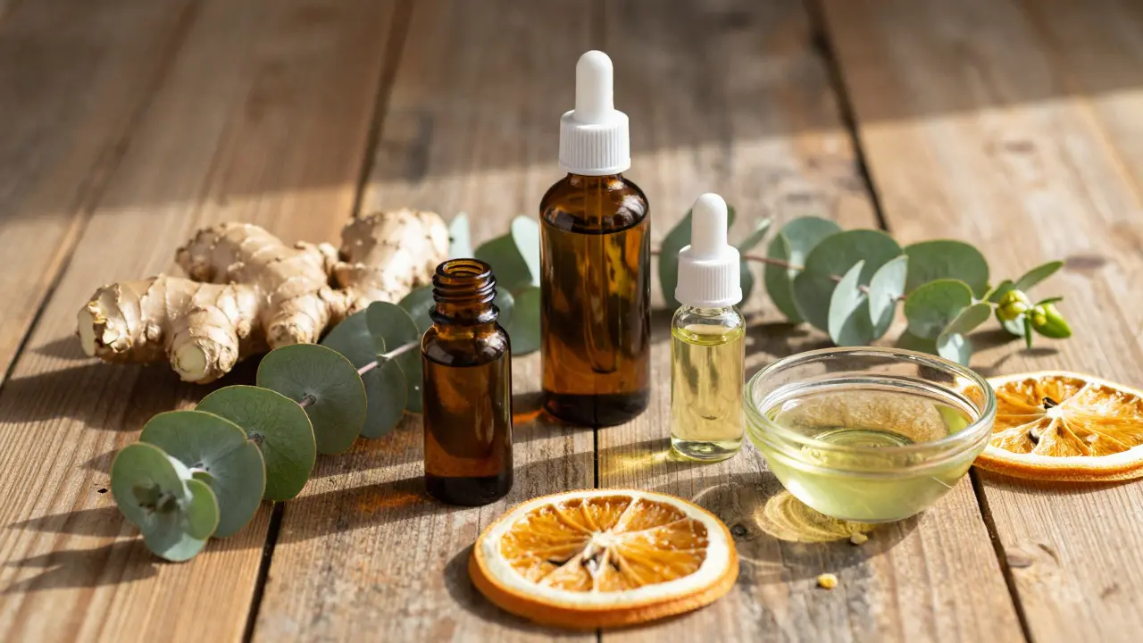 Ingrédients naturels et huiles essentielles pour l'aromathérapie sur bois