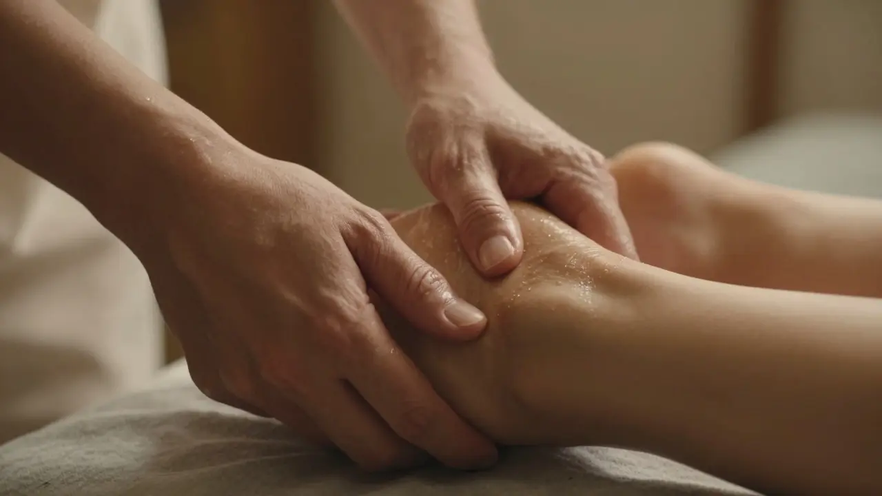 Mains massant doucement le pied d'un partenaire à l'huile