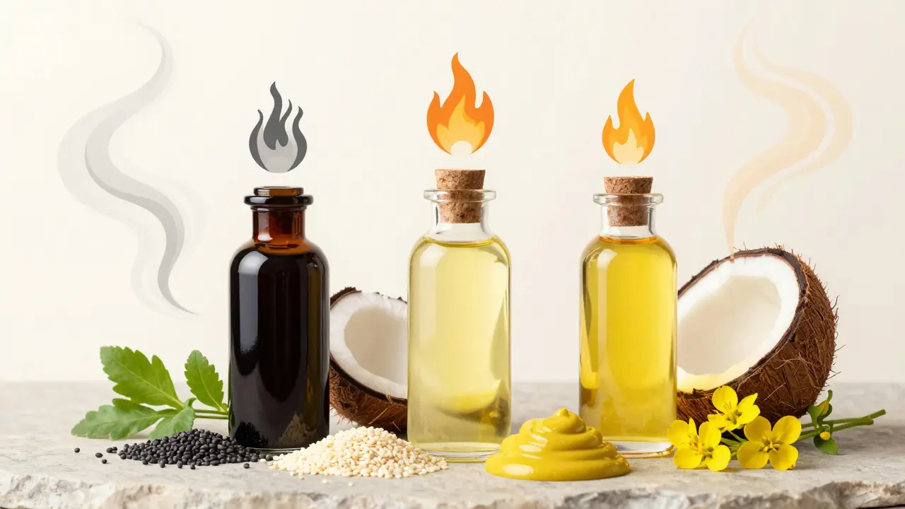 Bouteilles d'huiles végétales avec ingrédients ayurvédiques et éléments naturels